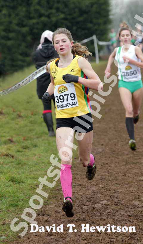 Kate Waugh (North East) on her way to finishing 3rd in the under-15 girls McCain World Cross Country Trials and Inter Counties, Cofton Park, Birmingham.